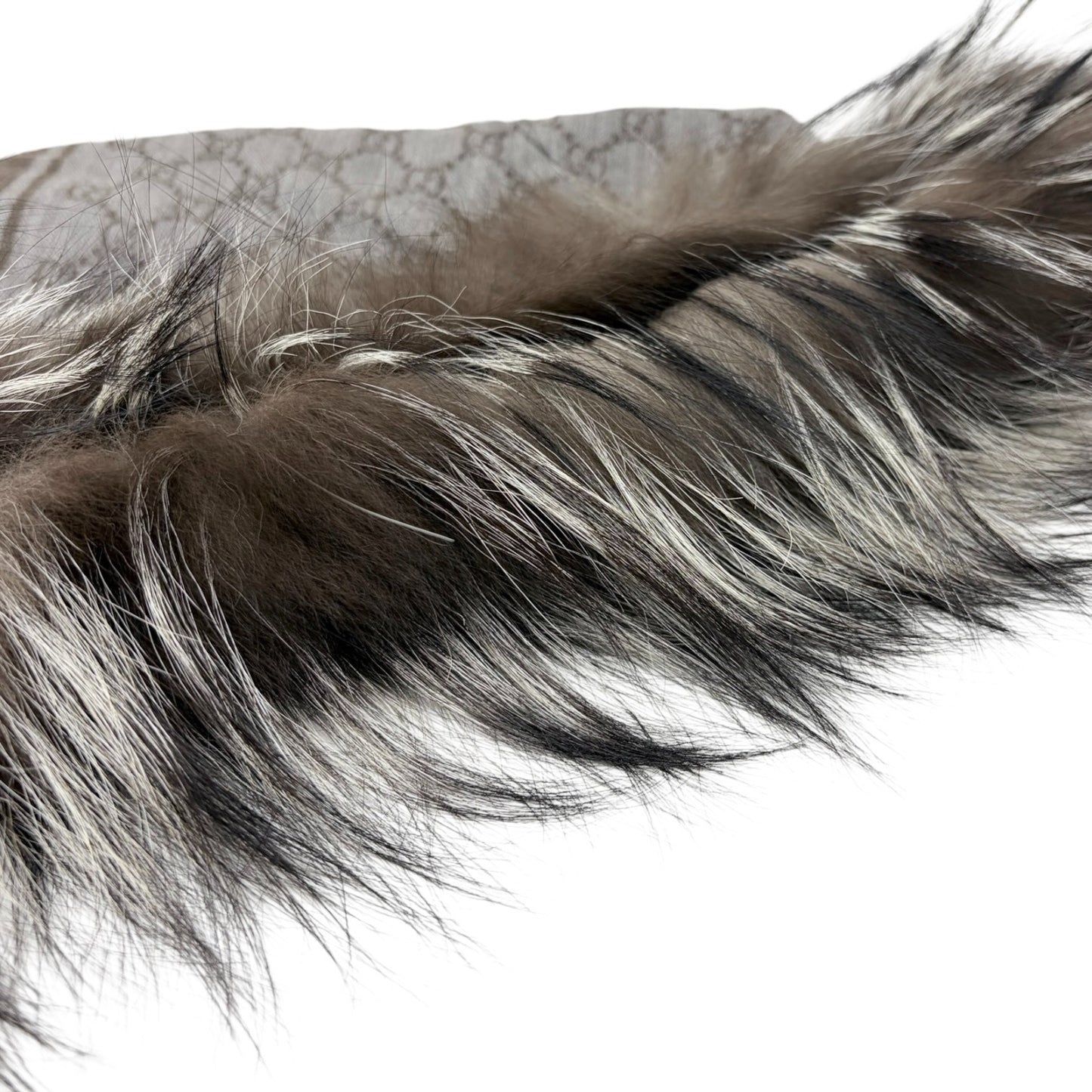 GUCCI Vintage GG Logo Monogram Fox Fur Shawl Scarf Wrap Gray Brown Wool 106918