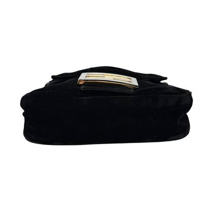 FENDI Vintage FF Logo Mamma Baguette Shoulder Bag Black Silver Velour 902207