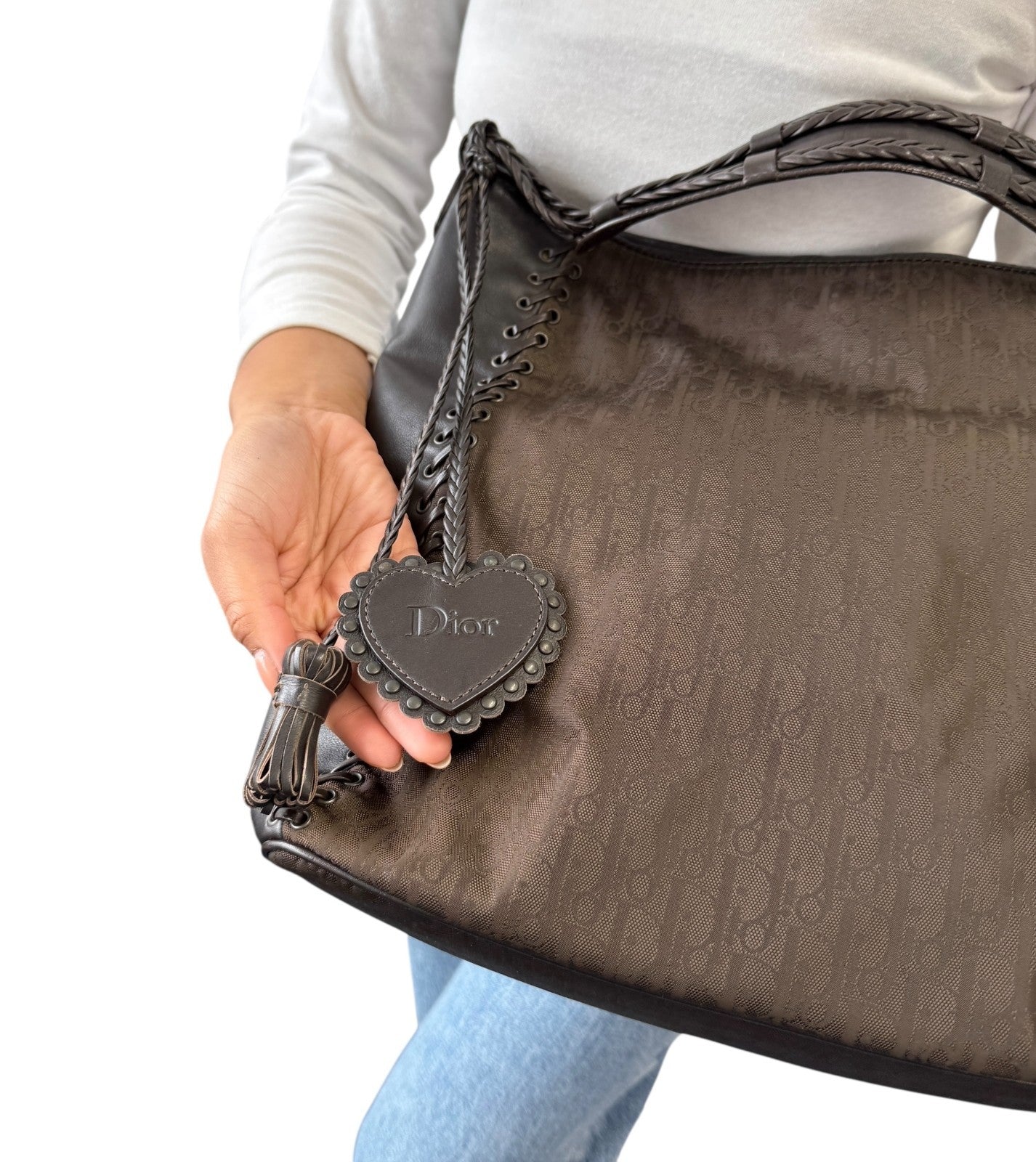 Christian Dior Vintage 2007 Logo Trotter Monogram Tote Bag Heart Brown Leather