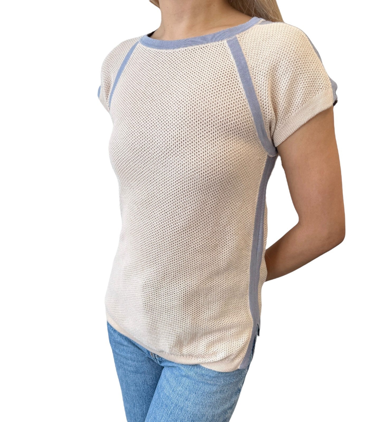 CHANEL Vintage 03P CC Logo See-through Mesh T-shirt #38 Pink Blue Cotton