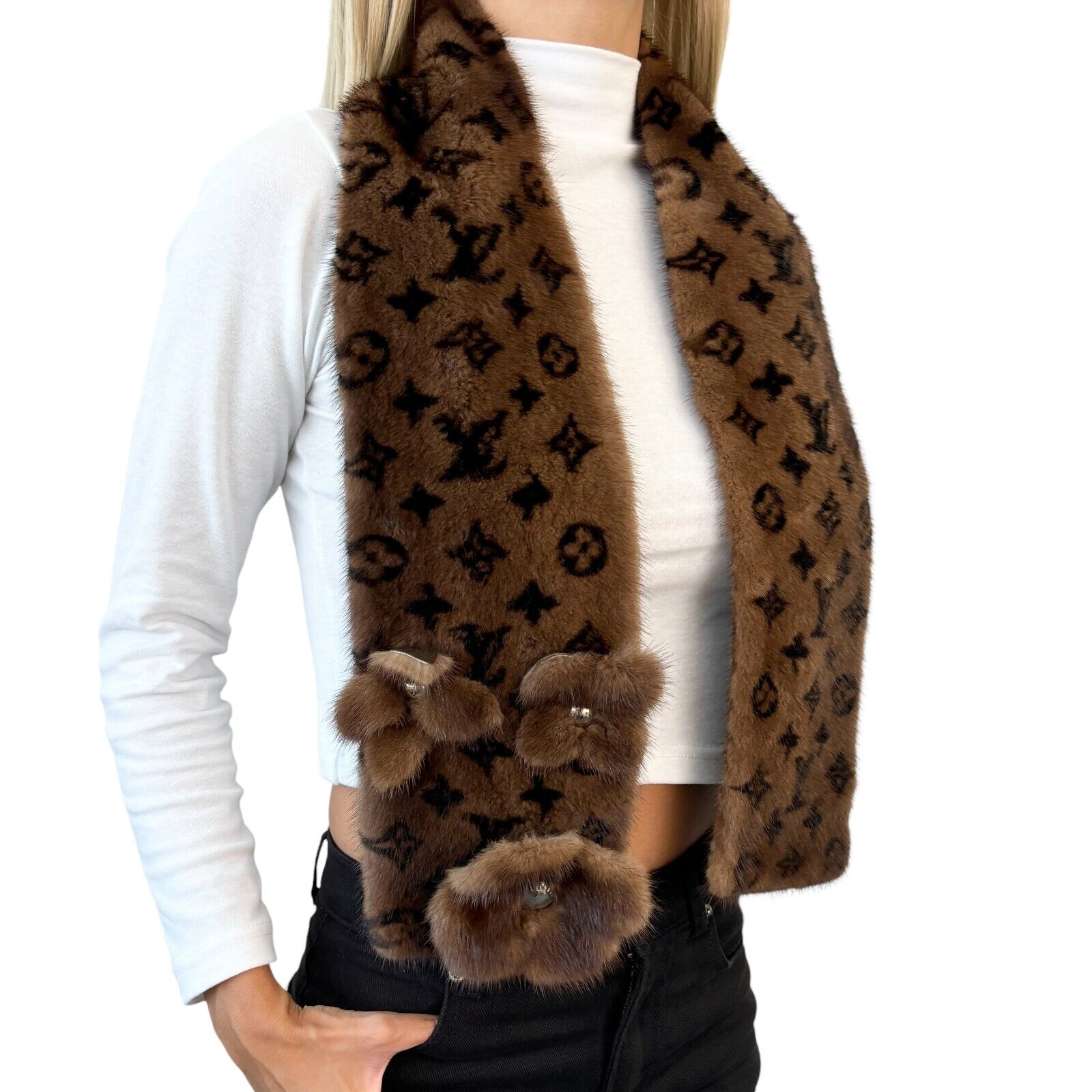 LOUIS VUITTON Vintage LV Logo Monogram Flower Scarf Shawl Brown Mink Fur RankAB