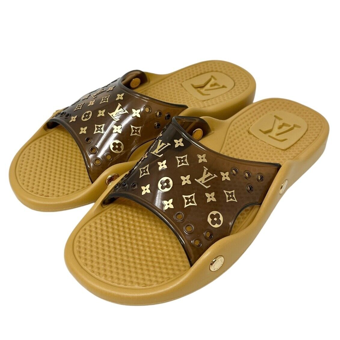 LOUIS VUITTON Vintage Monogram Logo Slide Sandals #38 US 8 Brown Rubber RankAB