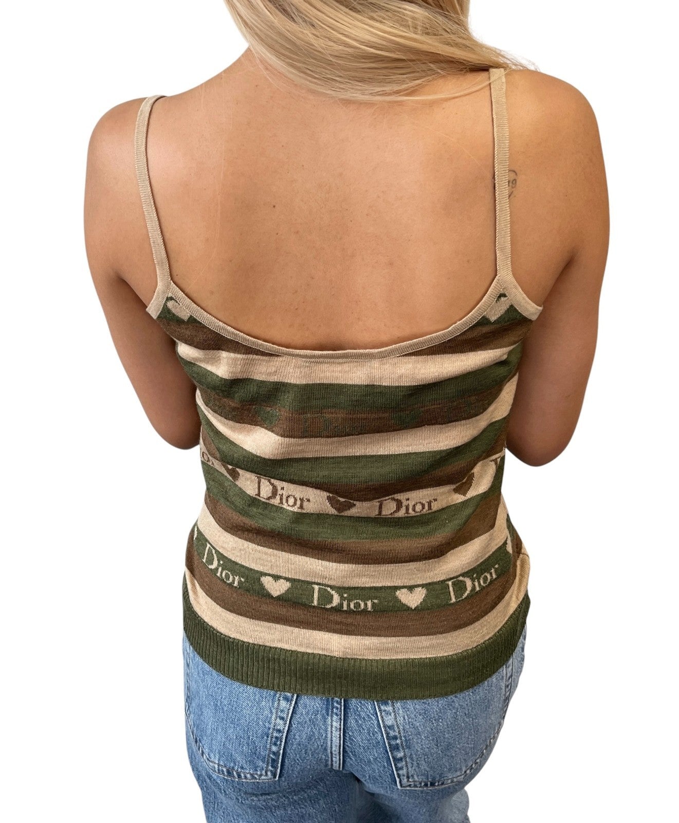 Christian Dior Vintage Stripe Heart Knit Camisole Top #38 Khaki Brown 902085