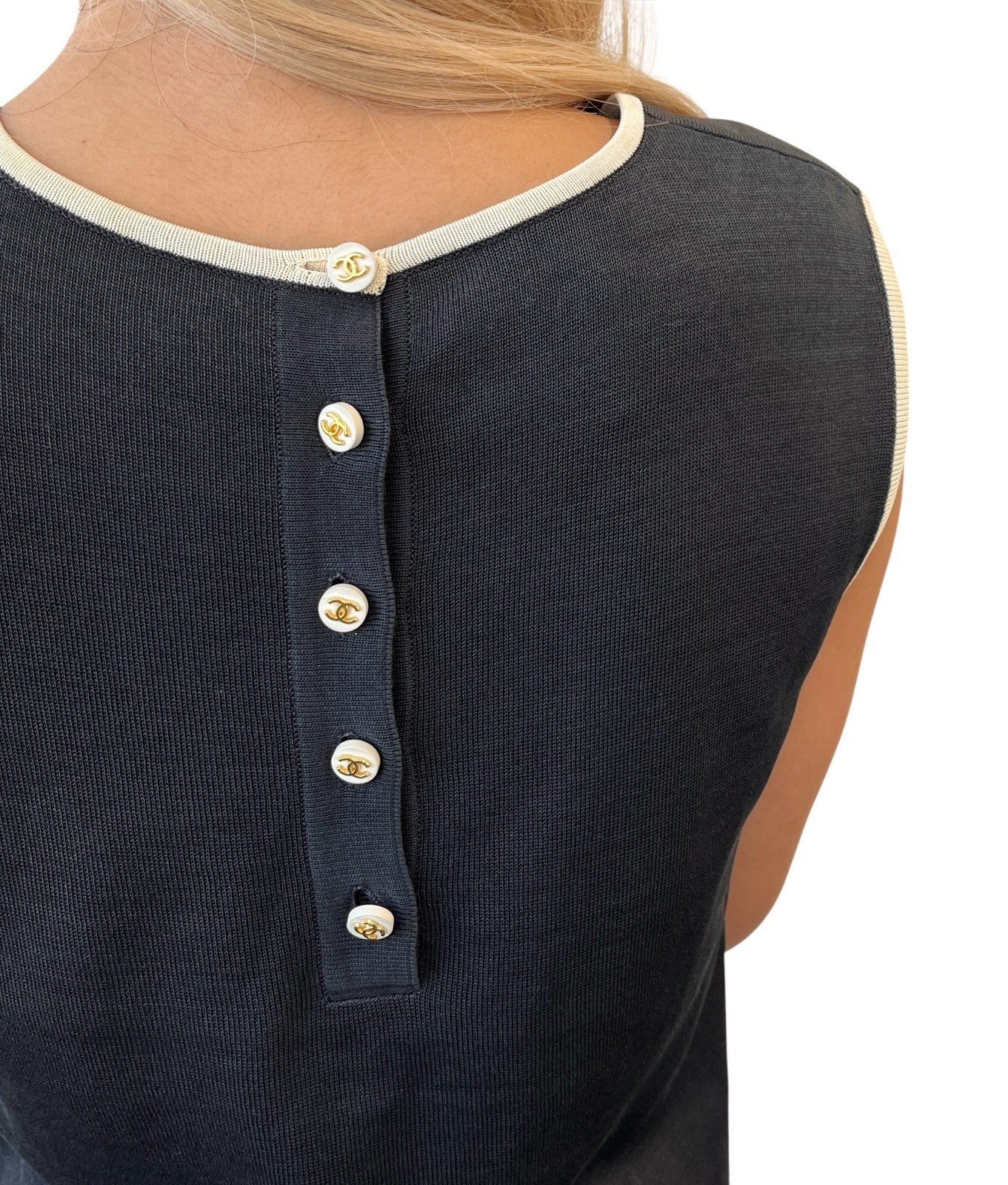 CHANEL Vintage 96C CC Mark Button Long One-piece Dress #40 Black Cream Cotton