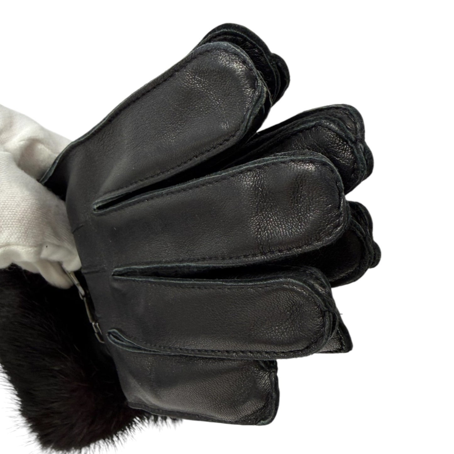 GUCCI Vintage Horsebit Fur Trim Lambskin Leather Gloves #7 Black Silver 902097