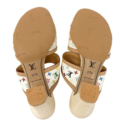 LOUIS VUITTON Vintage Monogram Multicolor Heels Sandals #37.5 White Murakami