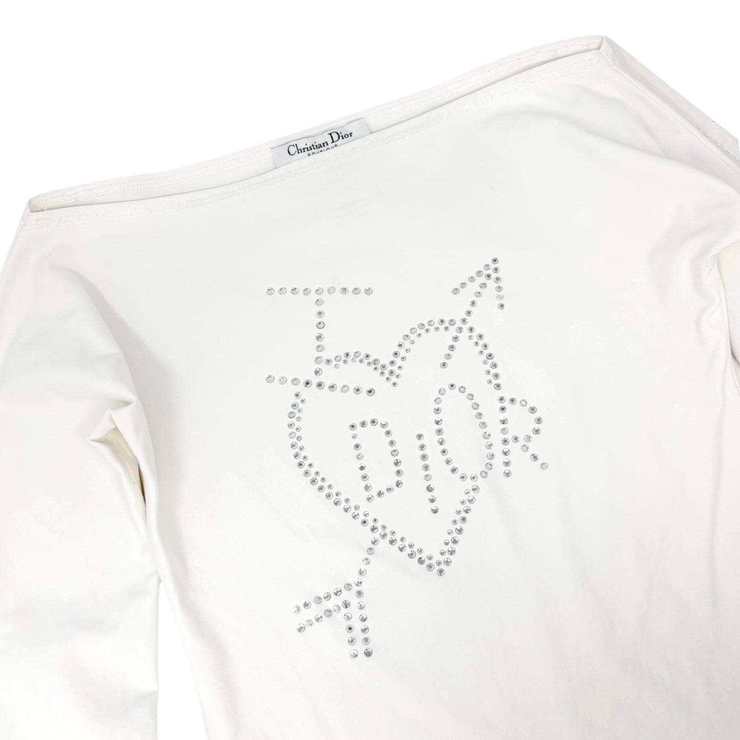 Christian Dior Vintage I Love Logo Rhinestone Top Off Shoulder #38 White Nylon