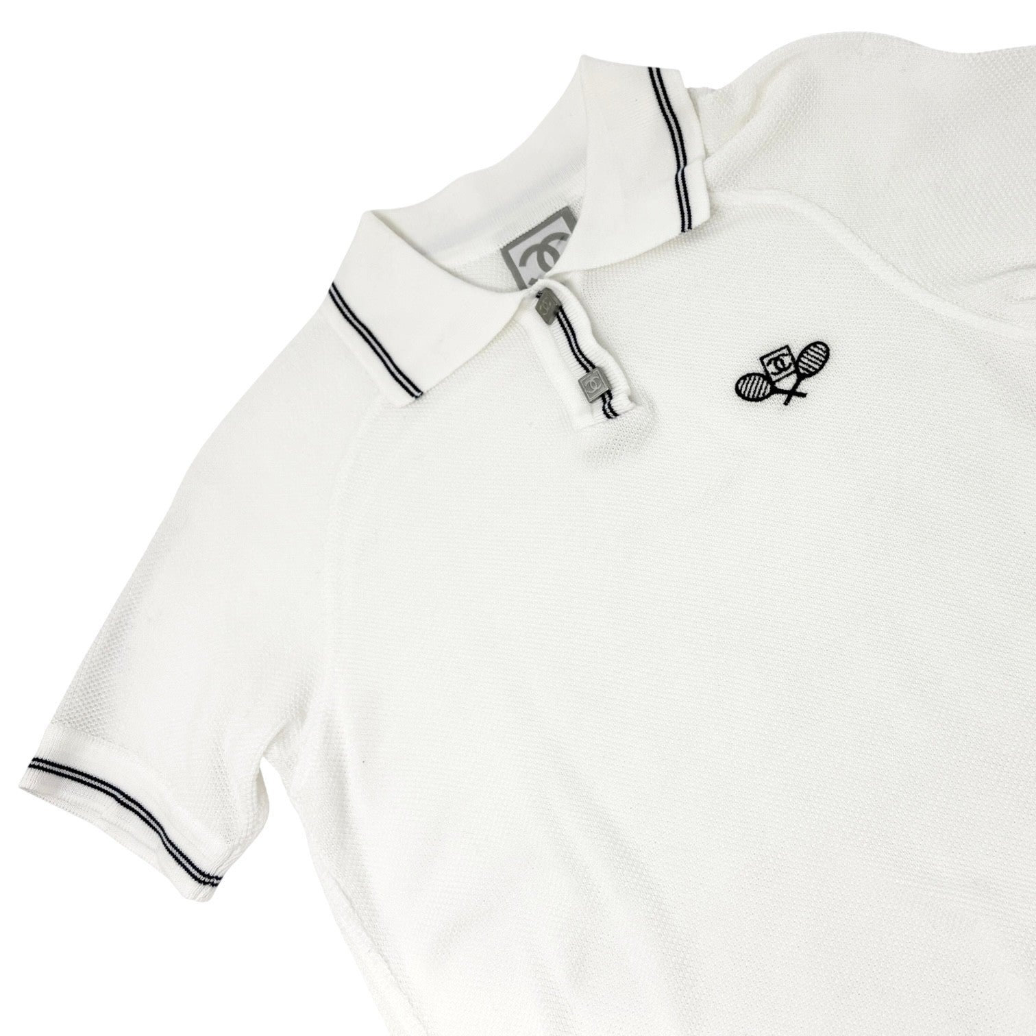 CHANEL Sport Vintage 05P CC Logo Polo T-shirt Top #38 Tennis Racket White Blue