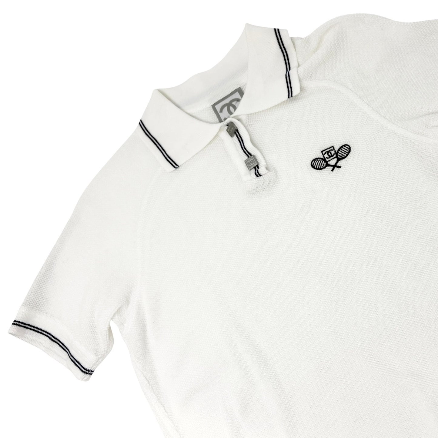 CHANEL Sport Vintage 05P CC Logo Polo T-shirt Top #38 Tennis Racket White Blue