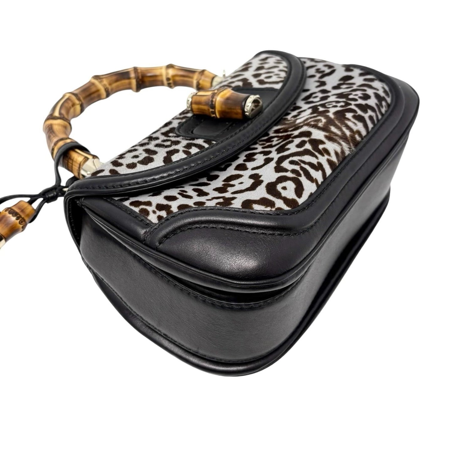 GUCCI Vintage Bamboo Leopard 2way Handbag Crossbody Bag Pony Calf Hair Gray
