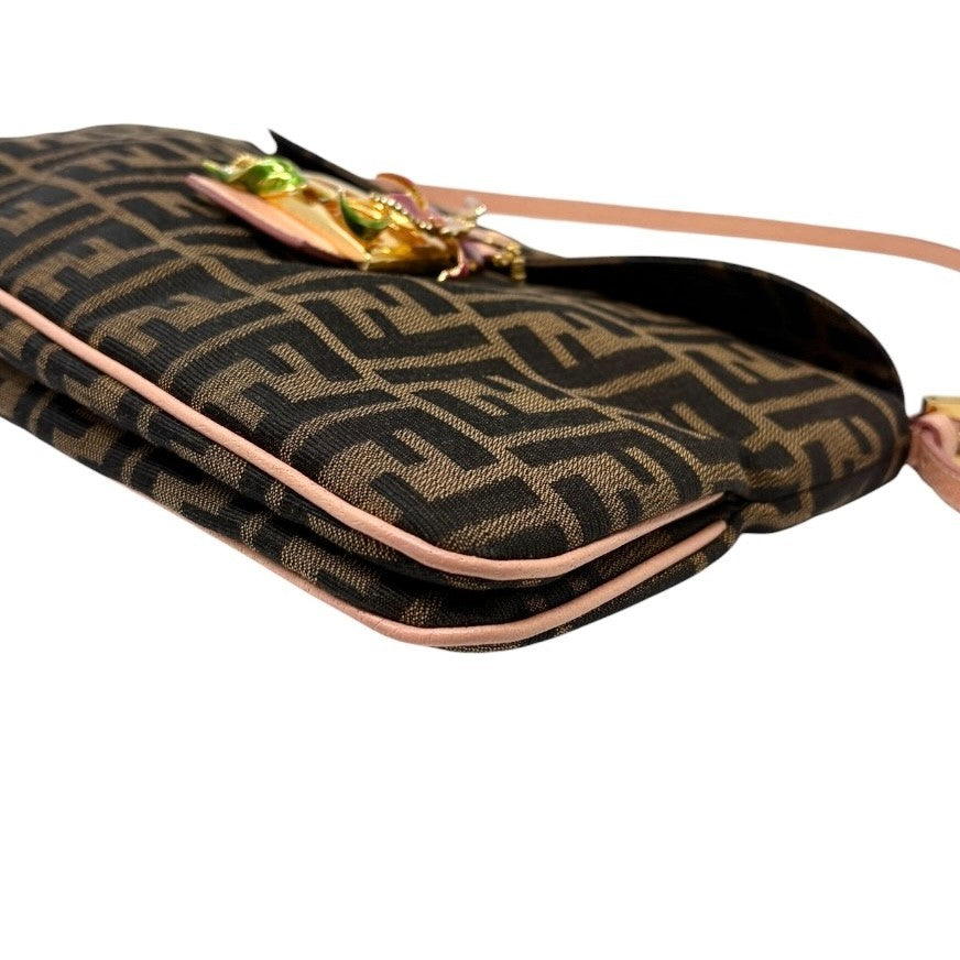 FENDI Vintage FF Mamma Baguette Flower Shoulder Bag Brown Salmon Pink 902468