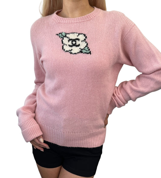 CHANEL Vintage 95A CC Logo Cashmere Knit Sweater Top Camellia #S Pink 902400