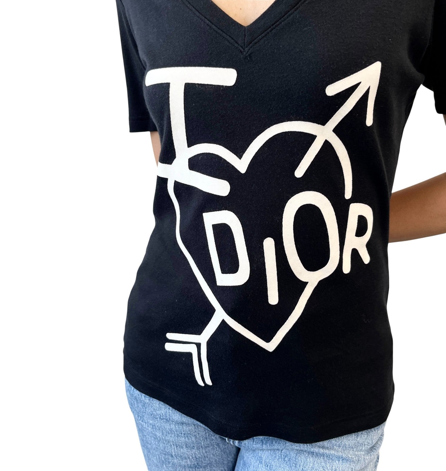 Christian Dior Vintage I Love Heart Big Logo T-shirt #38 Cotton Black White