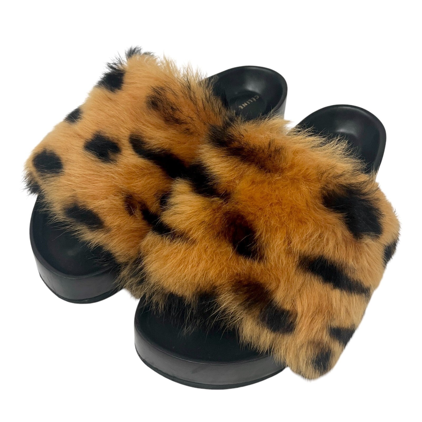 CELINE Vintage Logo Animal Print Faux Fur Sandals #37-37.5 Black Orange