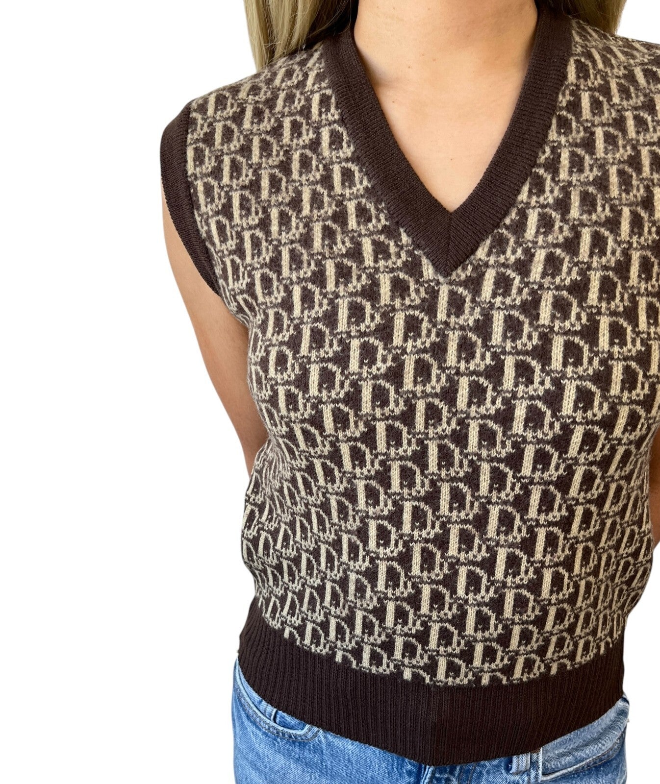 Christian Dior Vintage Trotter Monogram Logo Knit Vest V-neck Brown Beige Wool