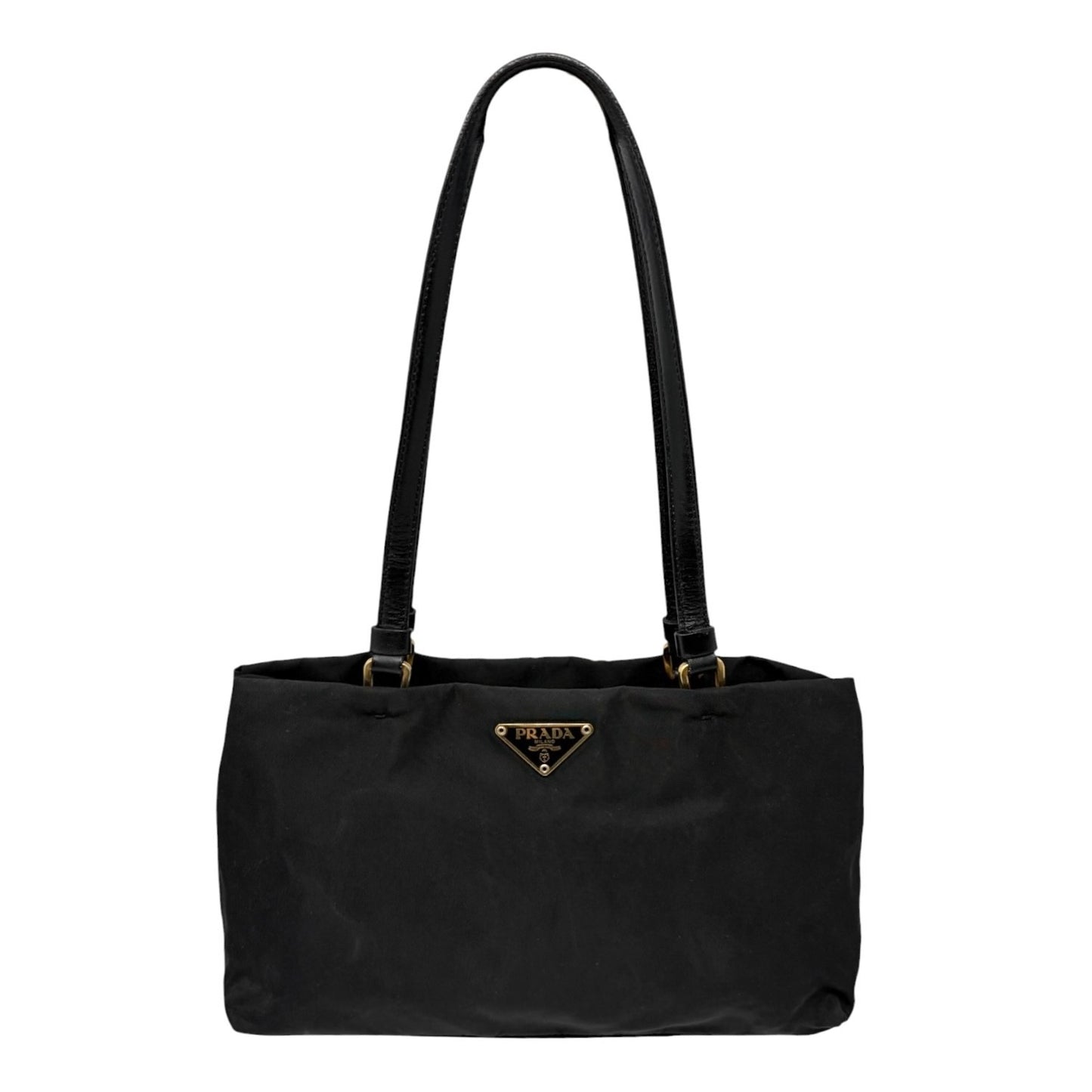 PRADA Vintage Triangle Logo Tessuto Tote Shoulder Bag Black Gold Nylon 902298