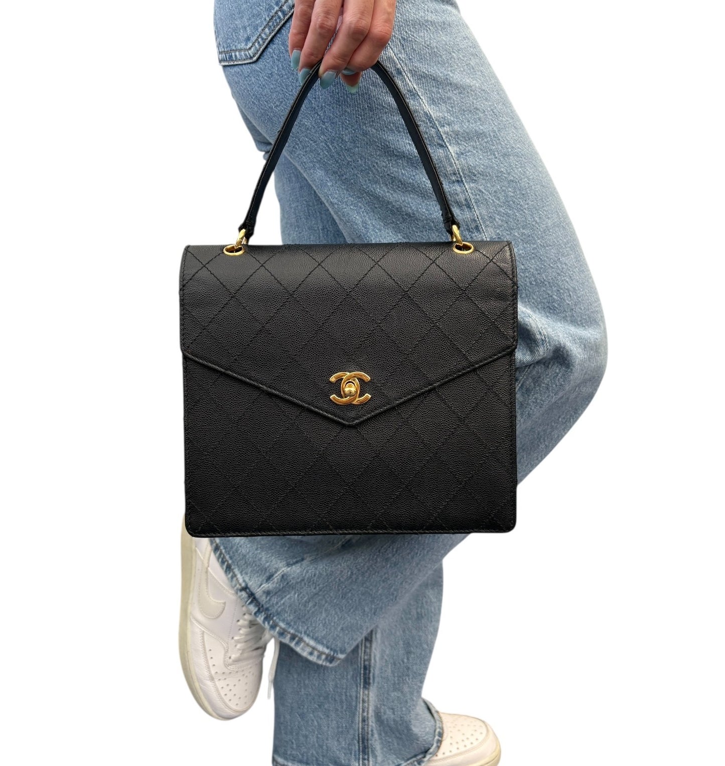 CHANEL Vintage CC Logo Turnlock Quilted Top Handle Bag Black Gold Leather