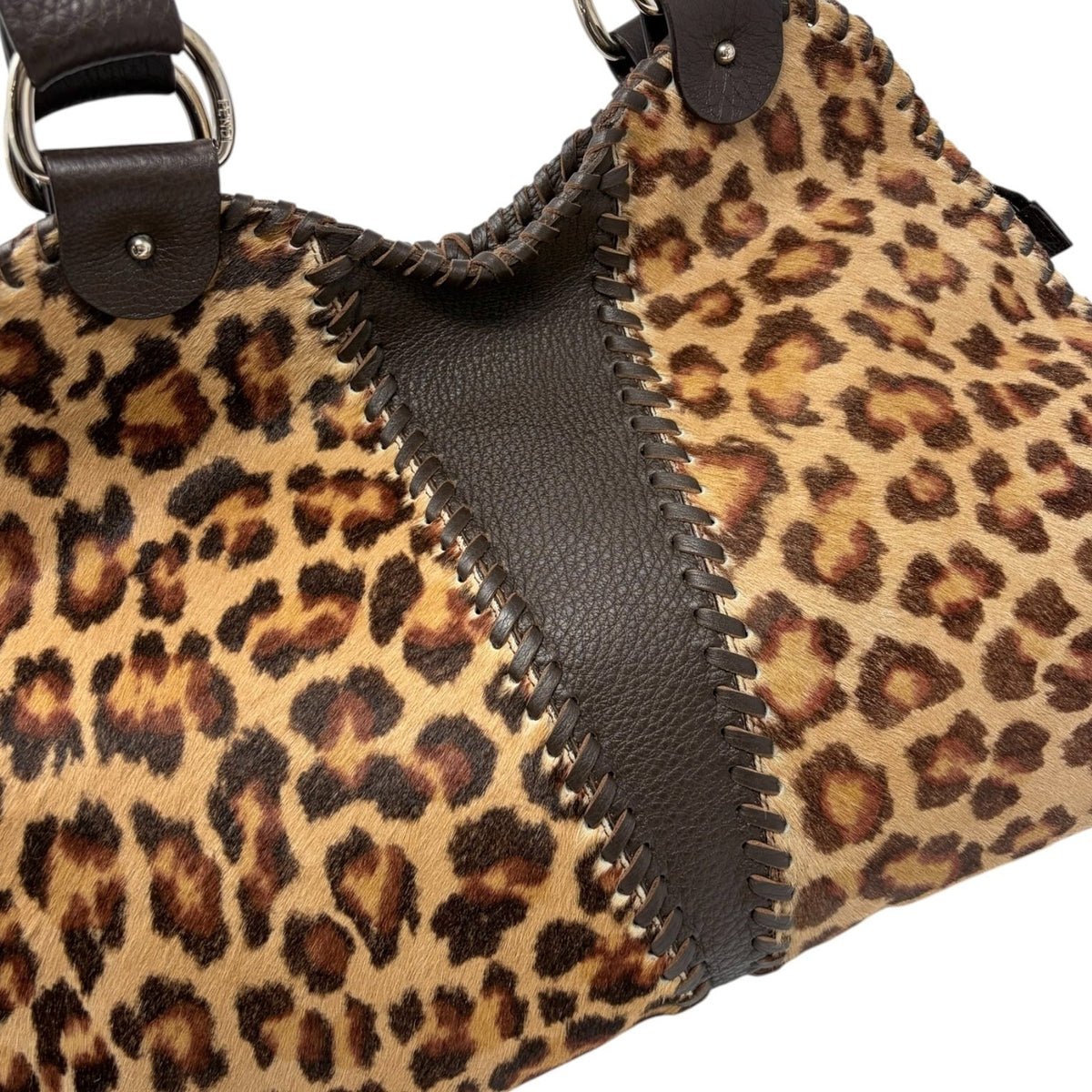 FENDI Vintage Leopard Pony Calf Hair Shoulder Bag Camel Brown Leather 902475