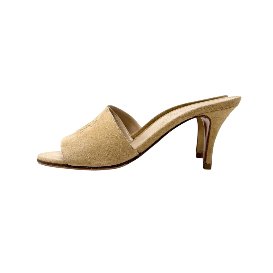 CHANEL Vintage CC Mark Logo Heels Mules #38 Sandals Beige Suede Leather