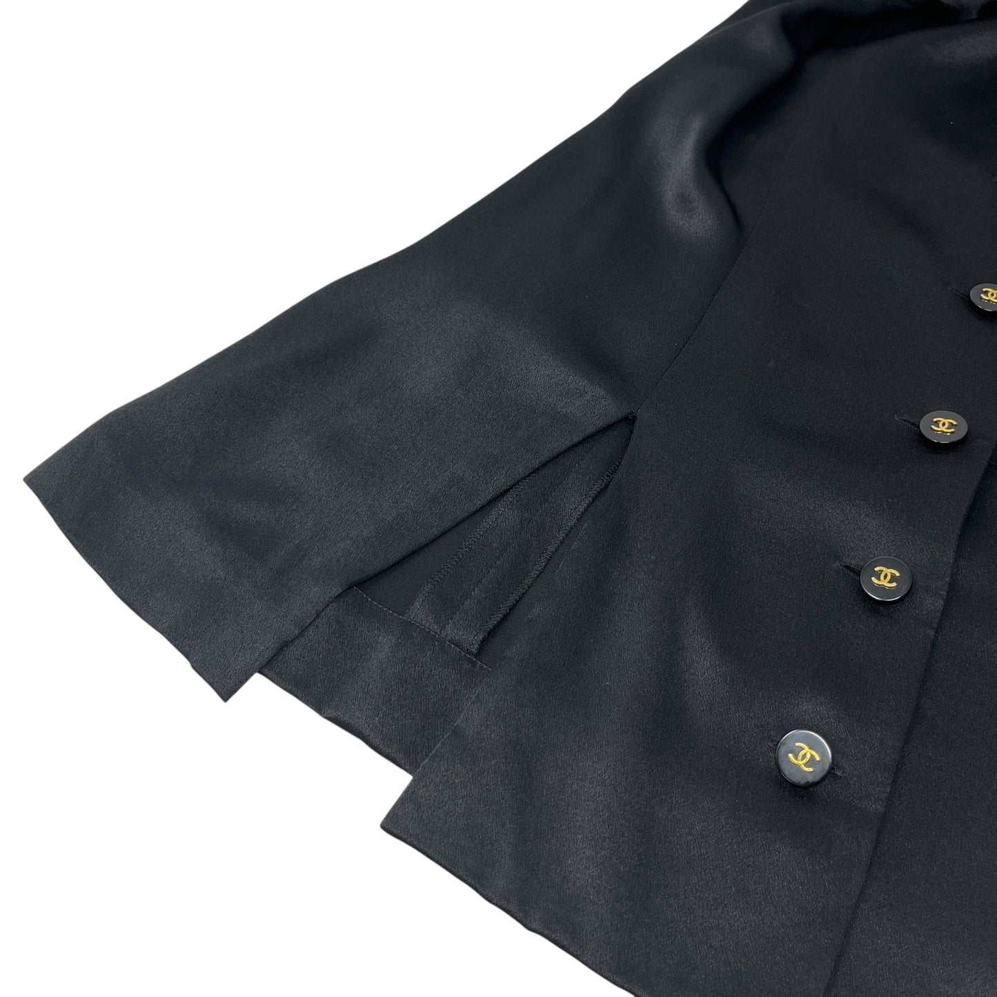 CHANEL Vintage 94A CC Logo Silk Shirt Top #38 Blouse Button V-neck Black Gold