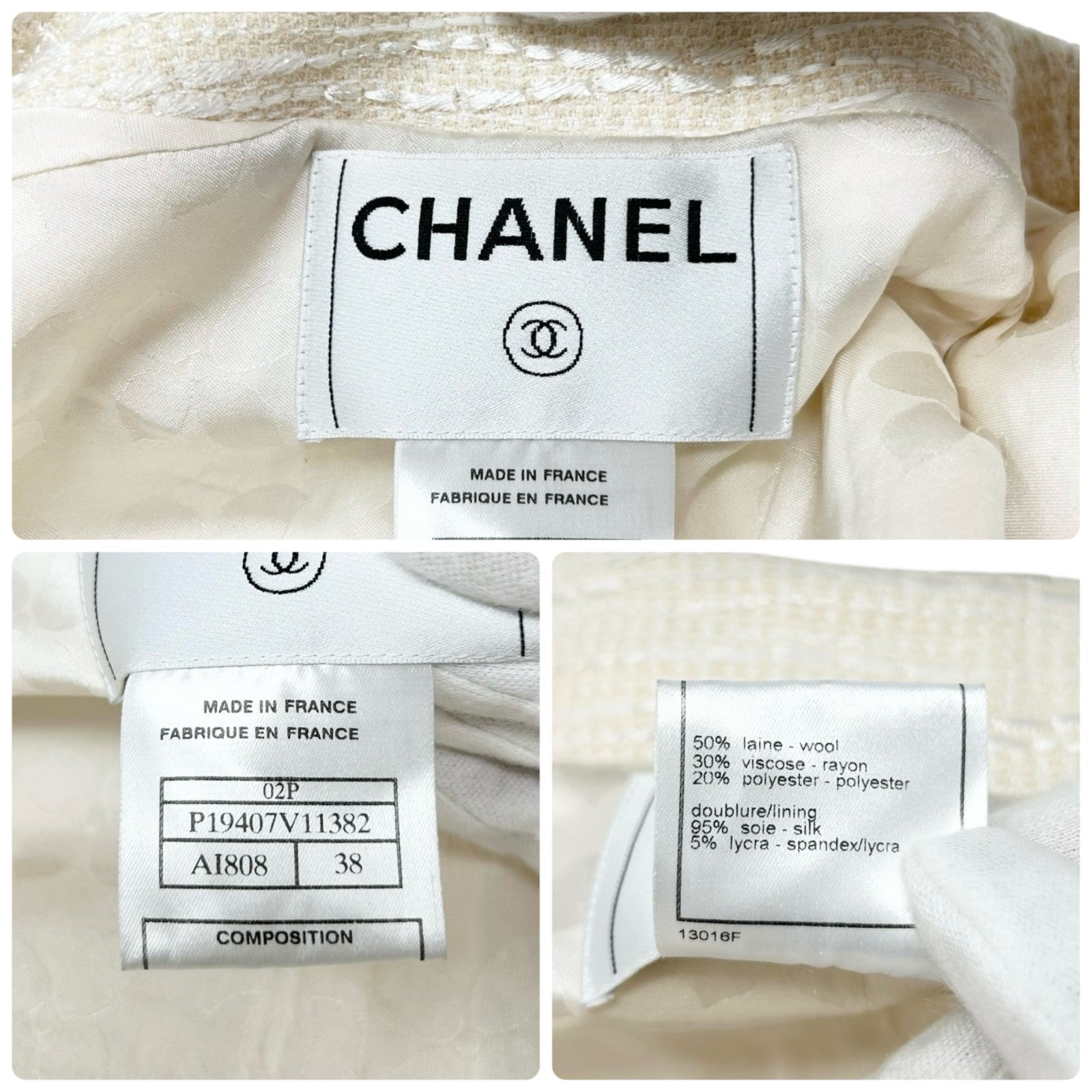 CHANEL Vintage 02P CC Logo Tweed Jacket #38 Cream Black Long Sleeve Zip Button