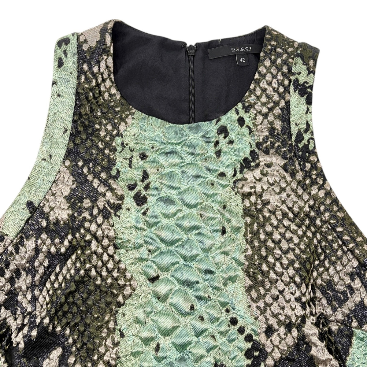 GUCCI Vintage Python Print Textured Dress Sleeveless #42 Green Black 902916