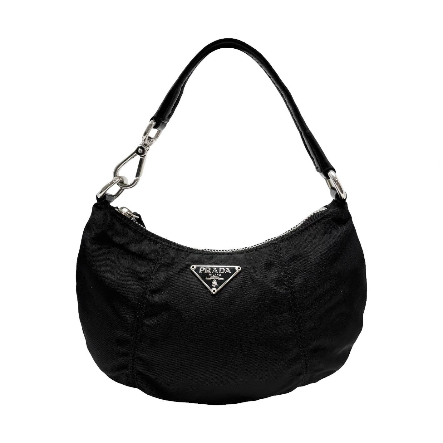 PRADA Vintage Triangle Logo Tessuto Nylon Mini Bag Pouch Black Silver Leather