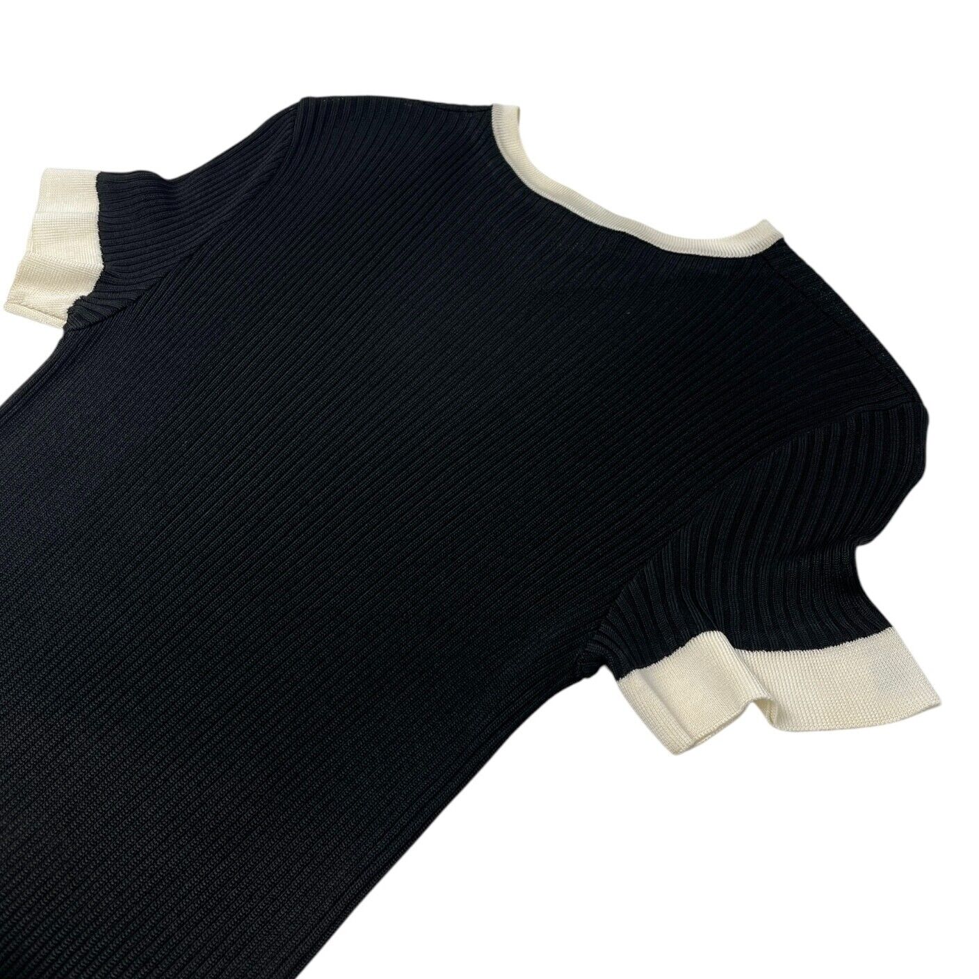 CHANEL Vintage 97P CC Logo Ribbed Knit Dress One-piece #42 Black White Rayon