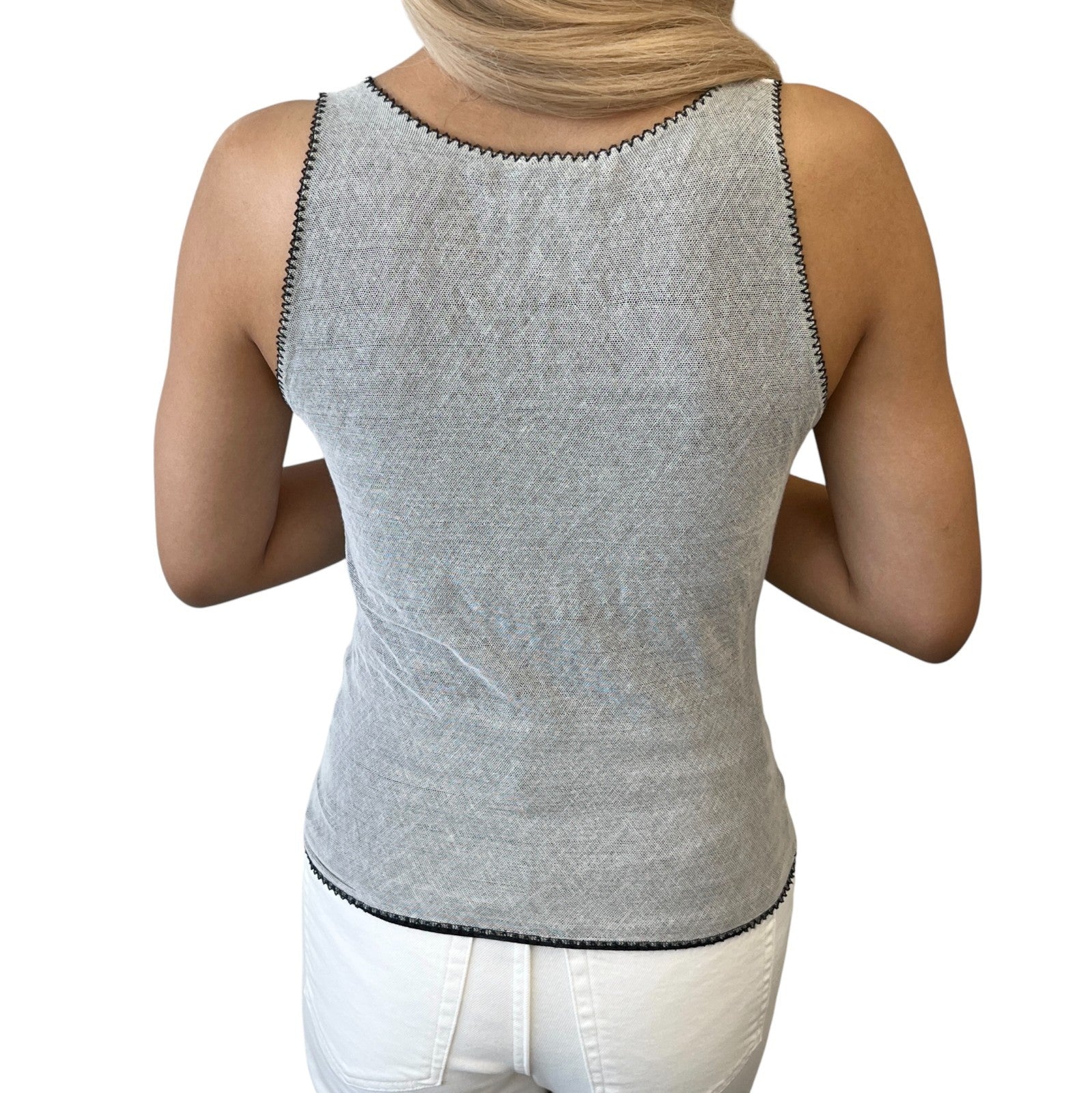 CHANEL Vintage 04P CC Logo Mesh See-through Tank Top #38 Gray White Cotton
