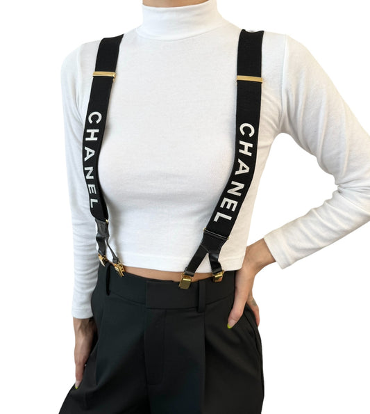 CHANEL Vintage 1994 CC Logo Suspender Belt Black White Cotton Leather 902387