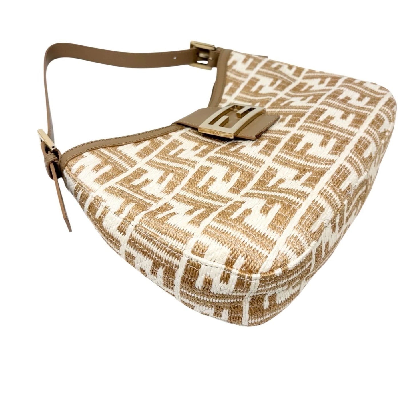 FENDI Vintage FF Logo Zucca Raffia Hobo Shoulder Bag Beige White Leather