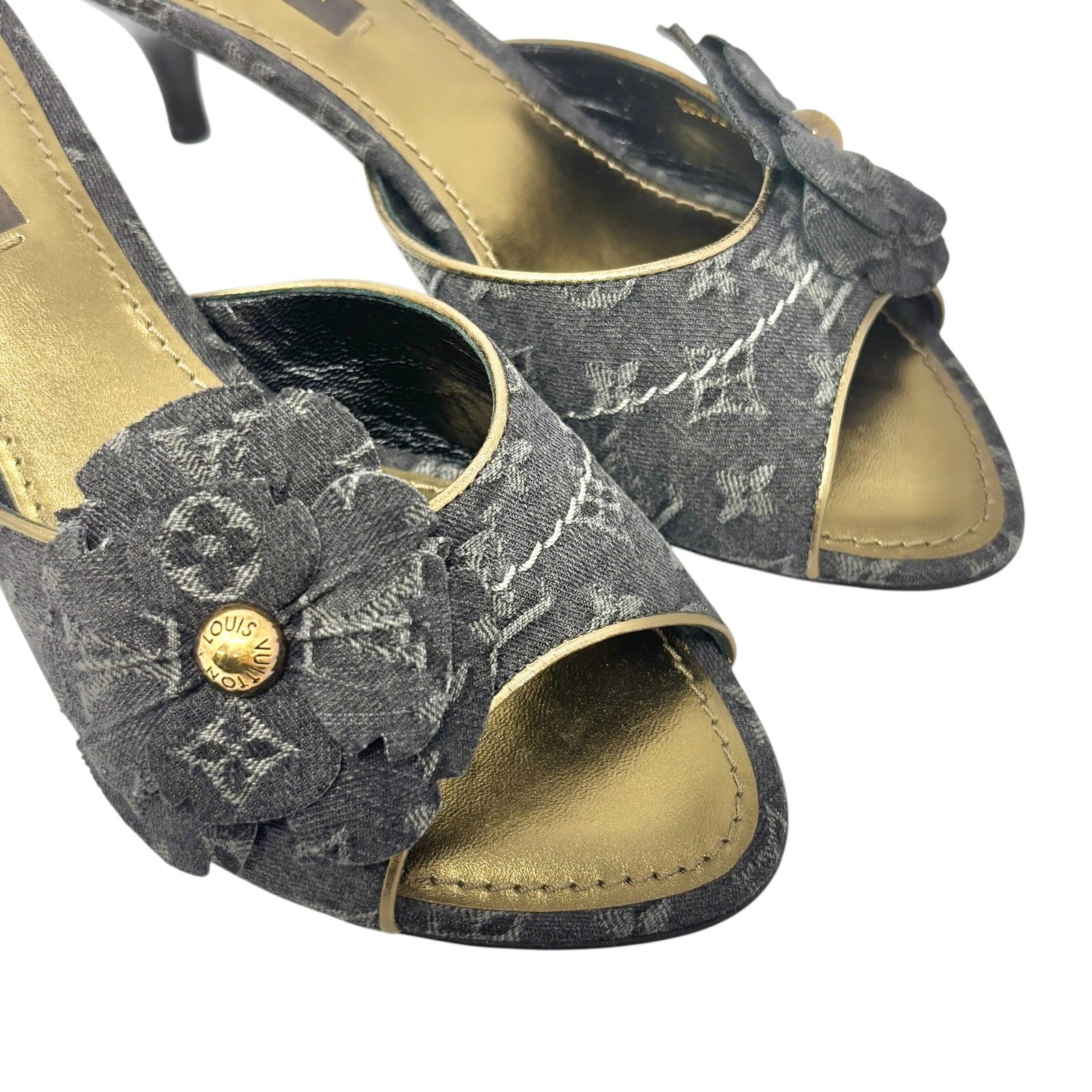 LOUIS VUITTON Vintage Monogram Denim Flower Sandals Heels #36 Black Open Toe