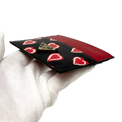 PRADA Vintage Triangle Logo Heart Wallet Card Holder Black Red Leather 902286