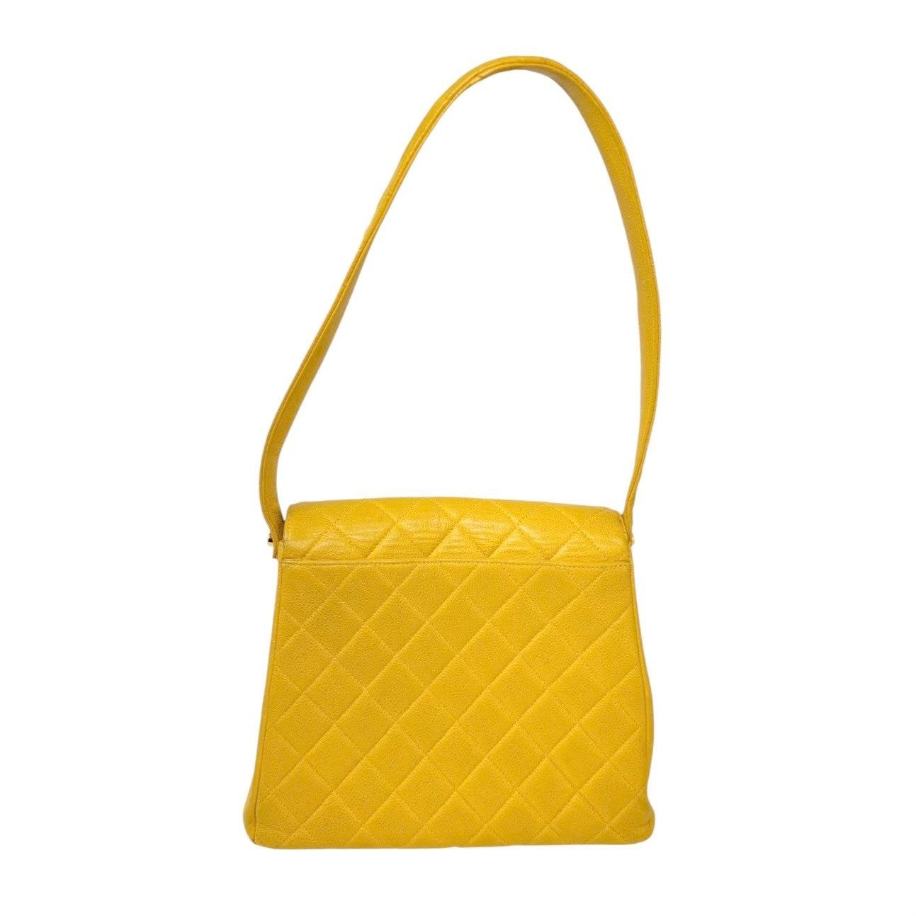 CHANEL Vintage CC Logo Turnlock Quilted Flap Shoulder Bag Yellow Gold Leather