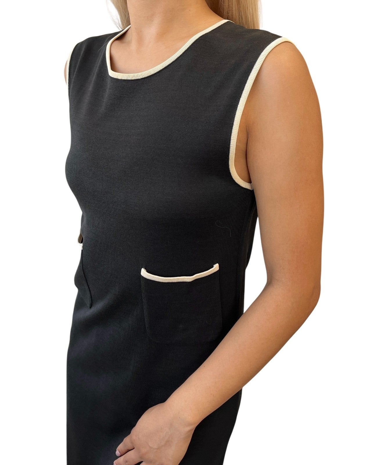 CHANEL Vintage 96C CC Mark Button Long One-piece Dress #40 Black Cream Cotton