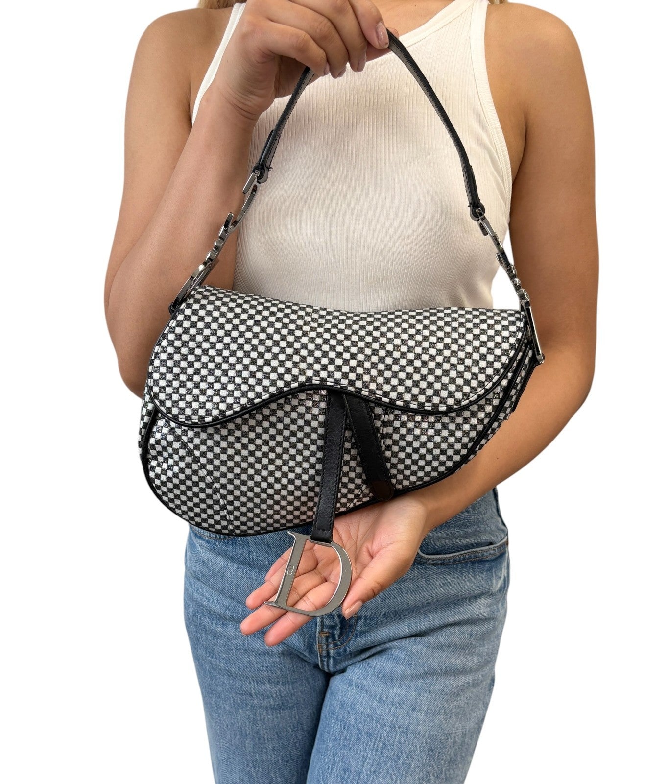 Christian Dior Vintage 2002 Checkered Glitter Saddle Bag Black Silver Cotton