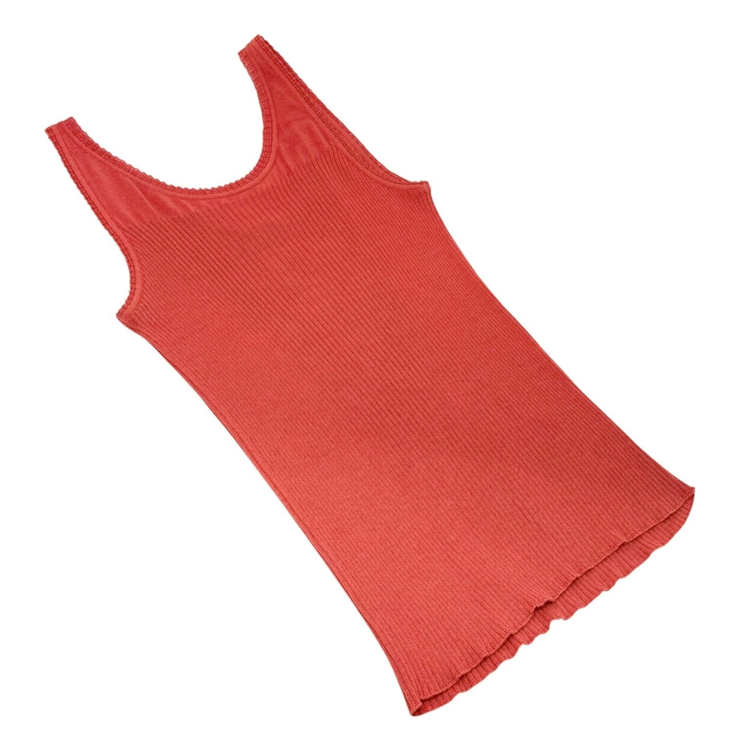 CHANEL Vintage P37822 See-through CC Logo Rib Knit Tank Top Red Cotton Silk