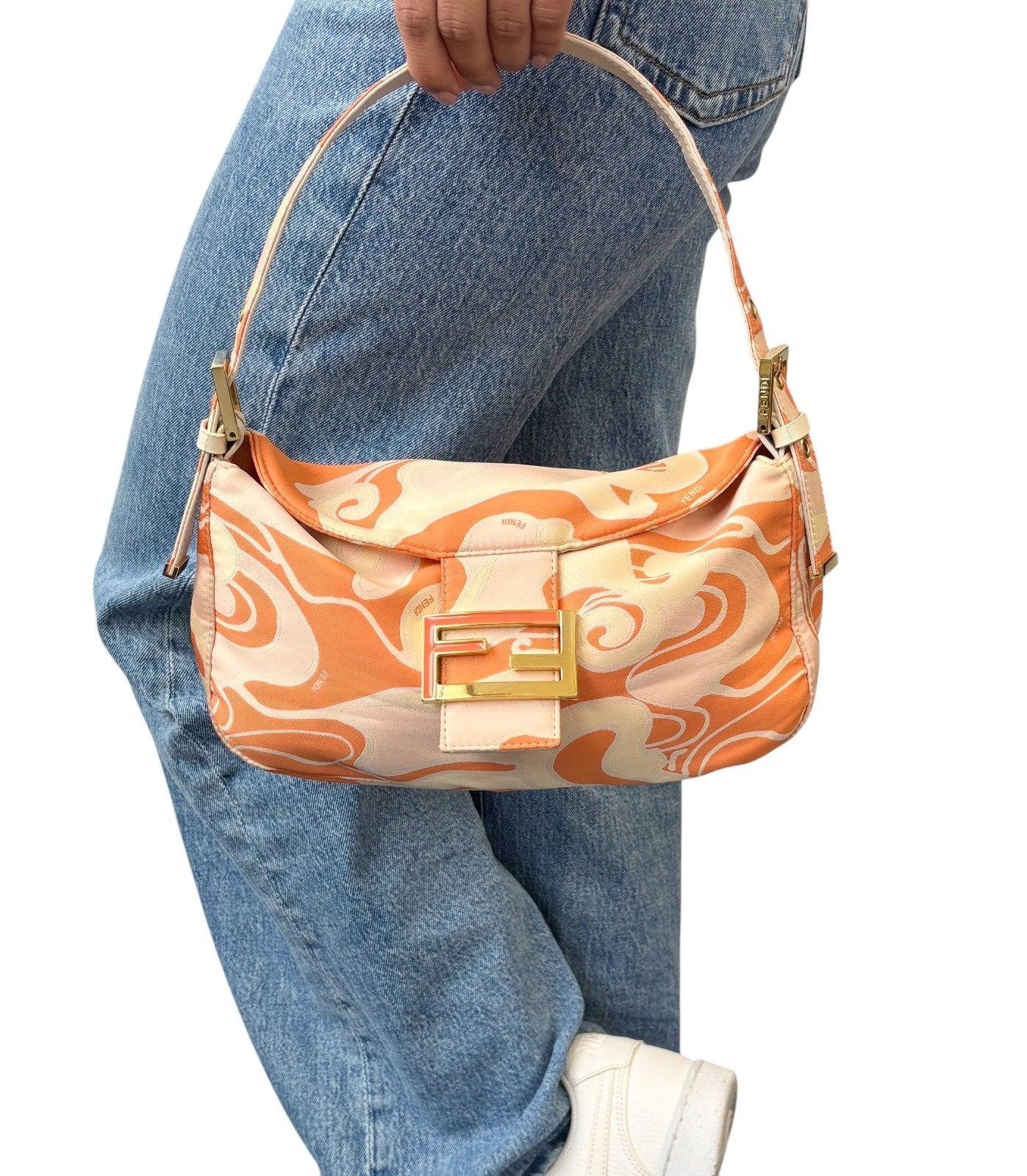 FENDI Vintage FF Logo Mamma Baguette Psychedelic Print Silk Shoulder Bag Orange