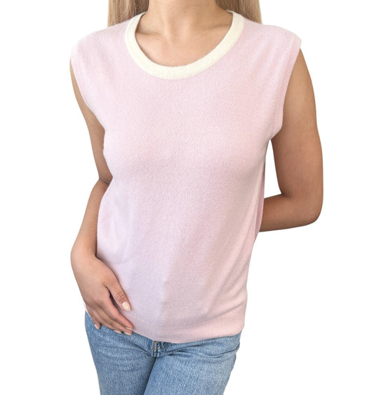 CHANEL Vintage 96C CC Logo Button Cashmere Knit Tank Top #38 Pink Cream