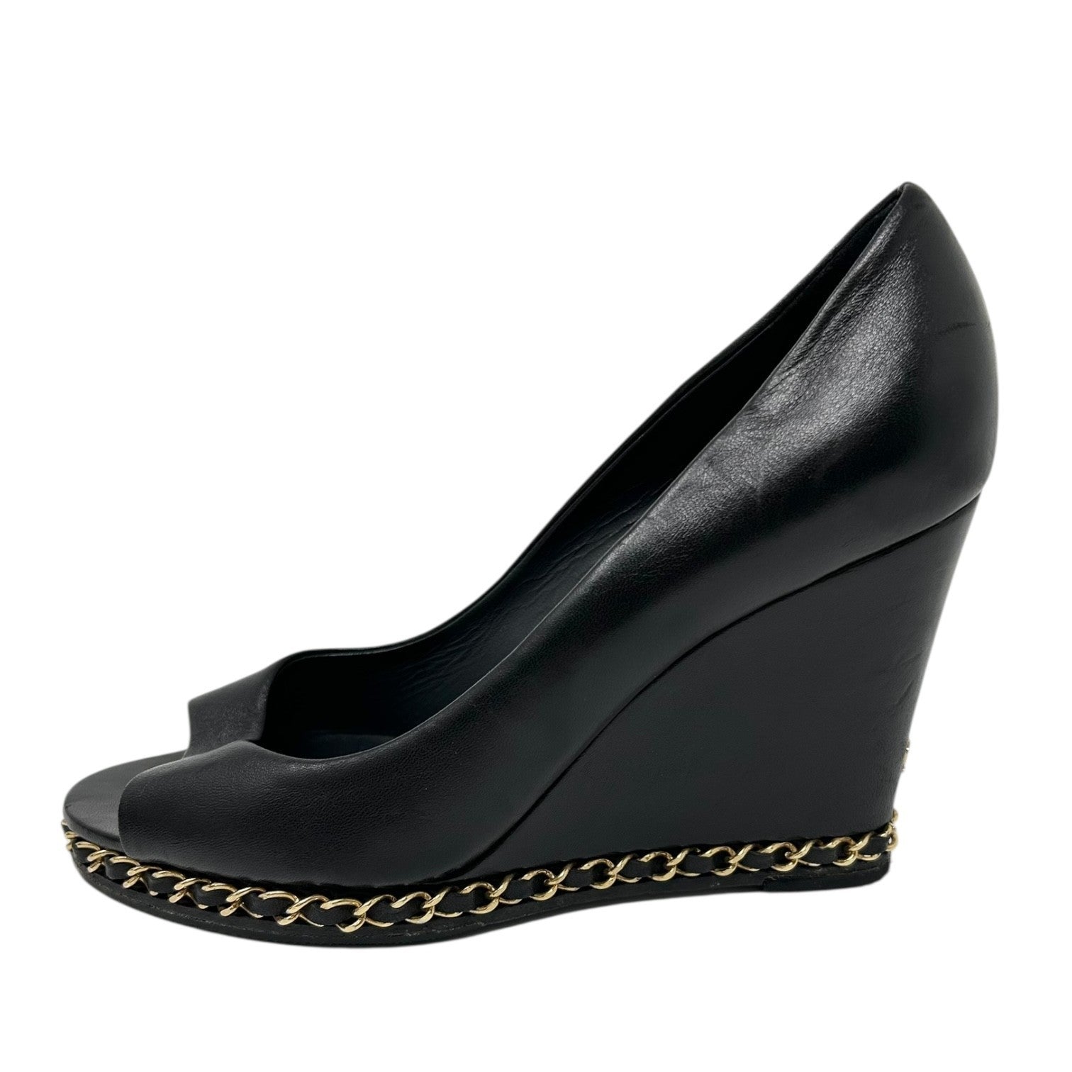 CHANEL Vintage CC Logo Open Toe Chain Sandals #37-37.5 Black Wedge Heels