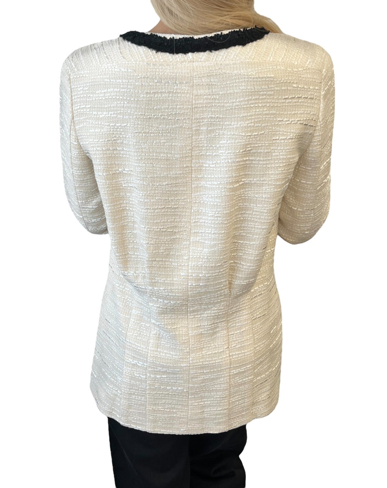 CHANEL Vintage 02P CC Logo Tweed Jacket #38 Cream Black Long Sleeve Zip Button