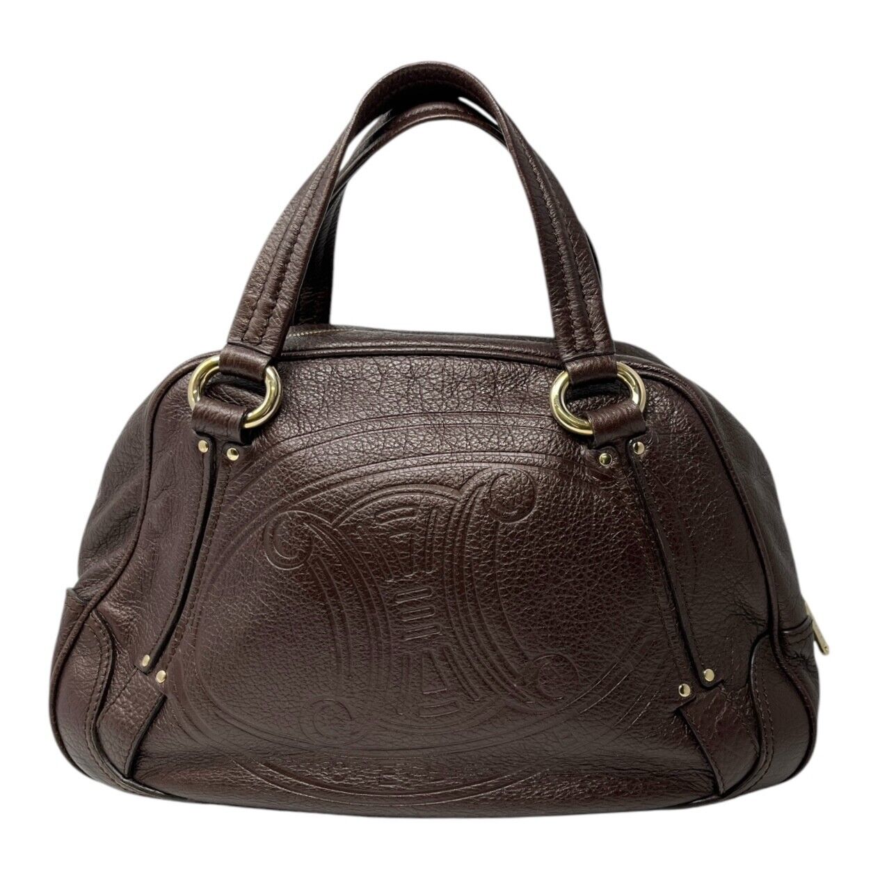 CELINE Vintage Macadam Big Logo Tote Bag Brown Gold Leather Nylon Zip