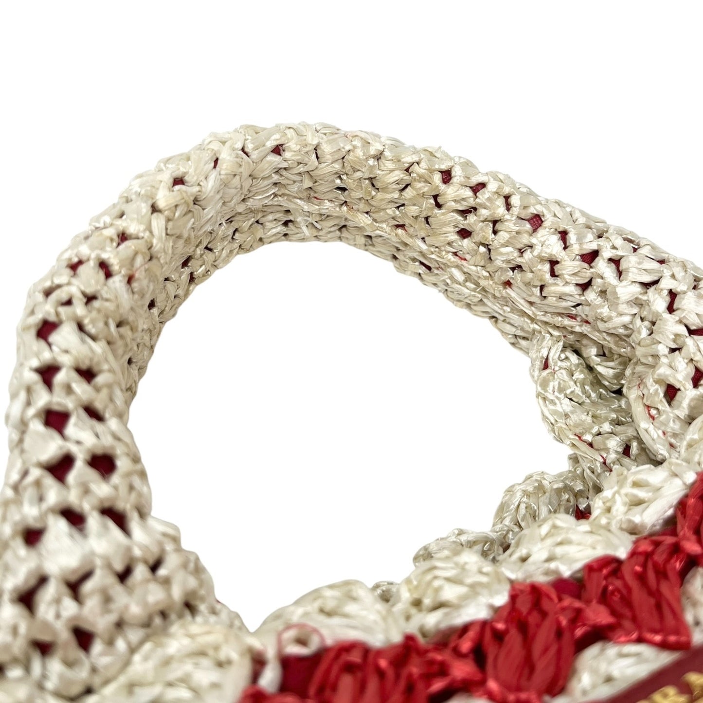 PRADA Vintage Triangle Logo Raffia Canapa Tote Bag Red White Crochet 902048