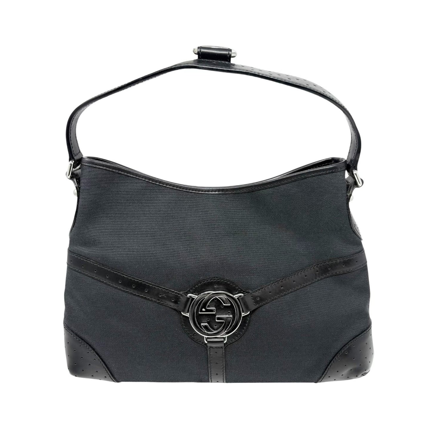 GUCCI Vintage Interlocking G Reins Perforated Cotton Hobo Bag Black Silver