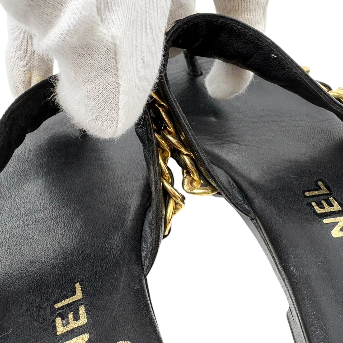 CHANEL Vintage Turnlock CC Logo Chain Sandals #37-37.5 Black Gold Leather 901814