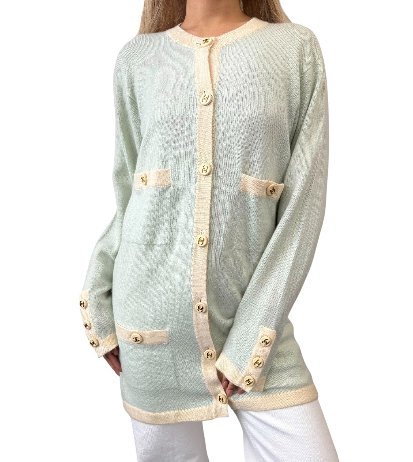 CHANEL Vintage 94C CC Button Trimmed Cashmere Cardigan Knit Top #40 Mint Green