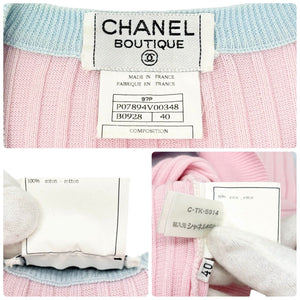 CHANEL Vintage 97P CC Logo Rib Knit Vest #40 Top Pink Blue Cotton Rank AB