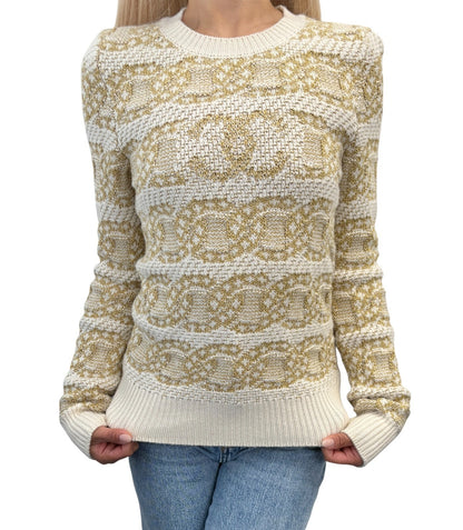 CHANEL P63133 CC Logo Cashmere Knit Sweater Top #34 Beige Cream Cotton 106083
