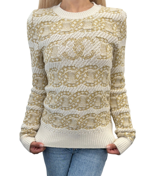 CHANEL P63133 CC Logo Cashmere Knit Sweater Top #34 Beige Cream Cotton