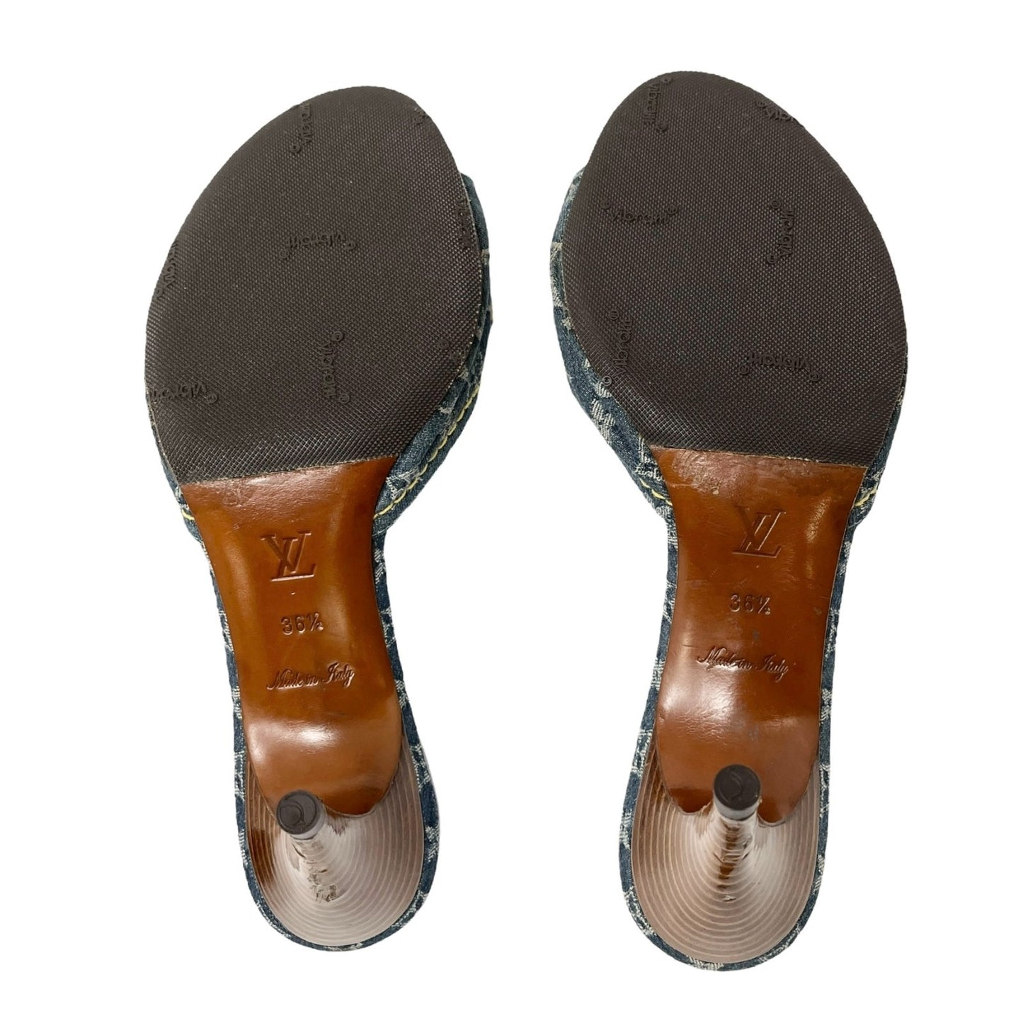 LOUIS VUITTON Vintage LV Monogram Logo Denim Sandals Heels #35.5-36 Blue Beige